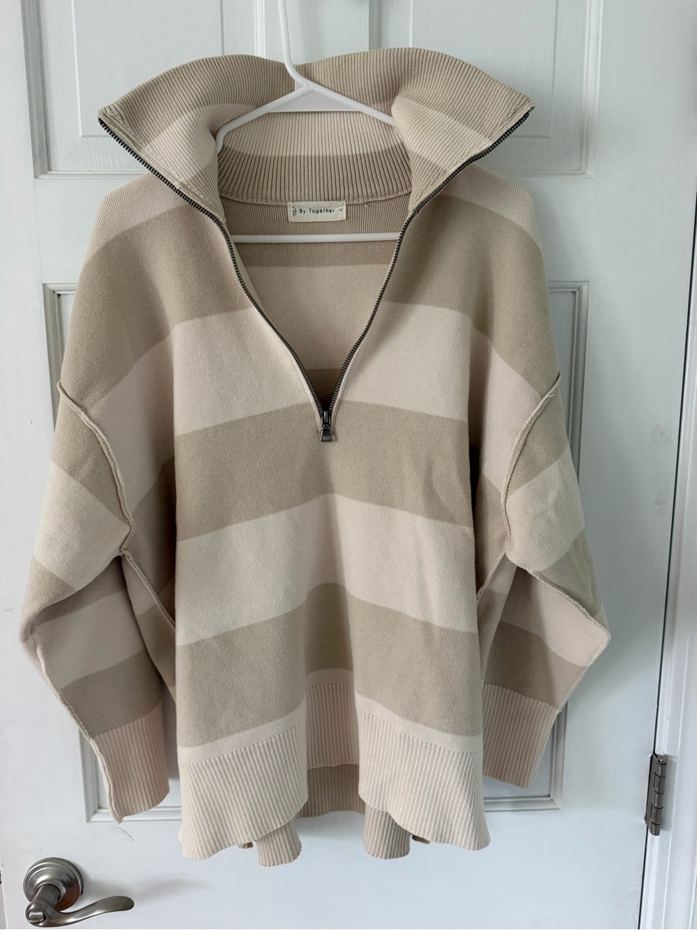 By Together Cream and Tan Striped Half-Zip Turtleneck Sweater